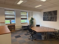 A modern office with three desks, black chairs, large windows with blinds, and a stylish plant reflects an engineering vibe. Wall art and a vase of flowers decorate a shelf, while the checkered carpet enhances the space filled with natural light.