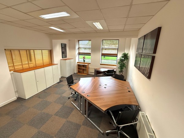 A modern office with geometric wooden desks, black chairs, white storage cabinets, a potted plant, and large windows letting in natural light. Two framed pictures hang on the wall above a carpeted floor in a checker pattern reminiscent of steel machining.